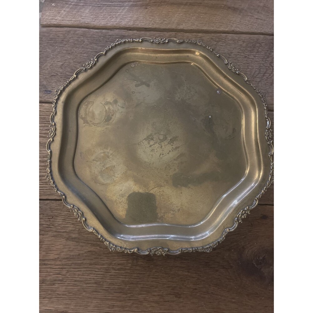 HEAVY Vintage Octagon Metal Brass Dish Trinket Dresser Tray w/  Decorative Trim